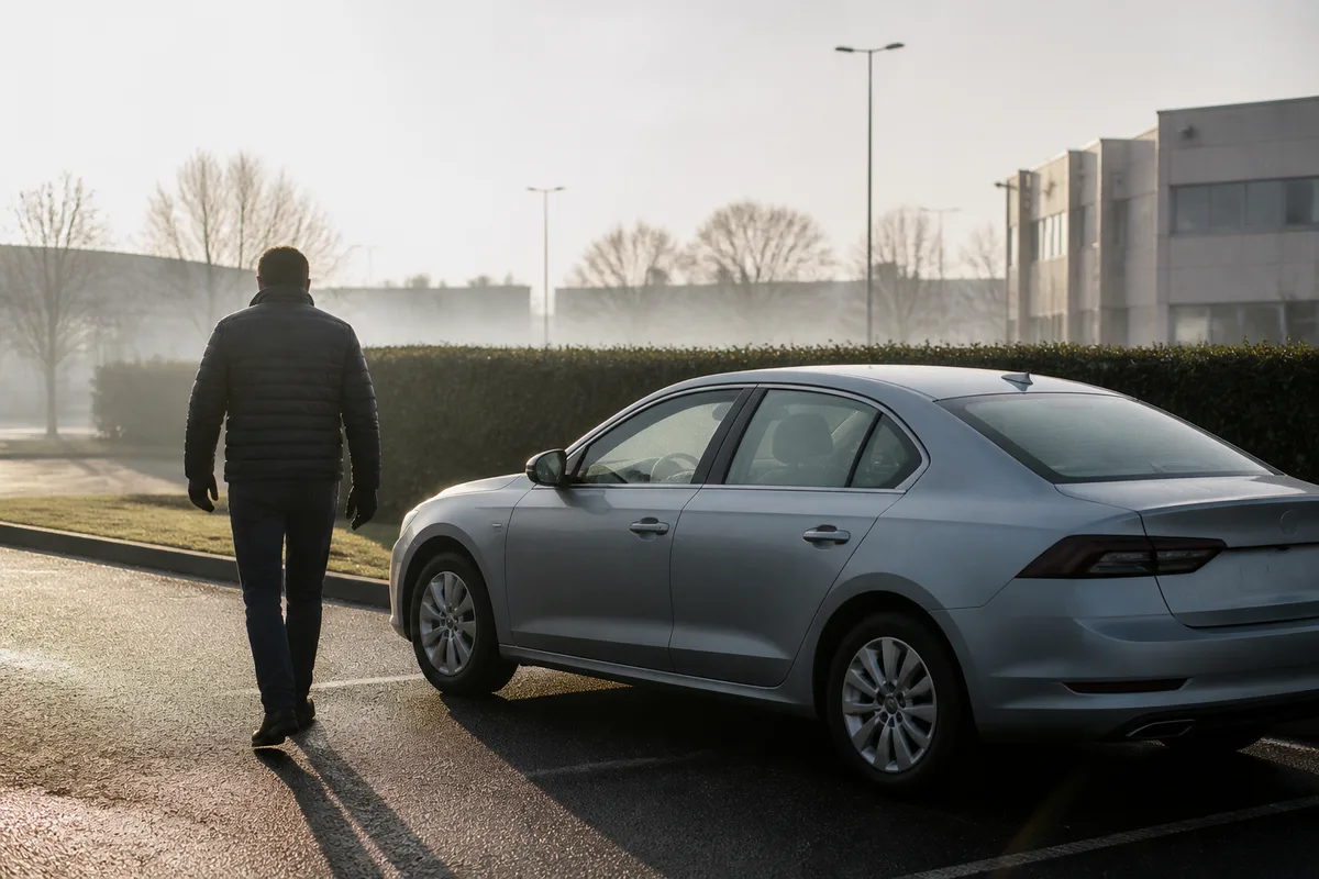 Convoyeur en veste sombre longeant une berline grise stationnée sur une aire de livraison au petit matin