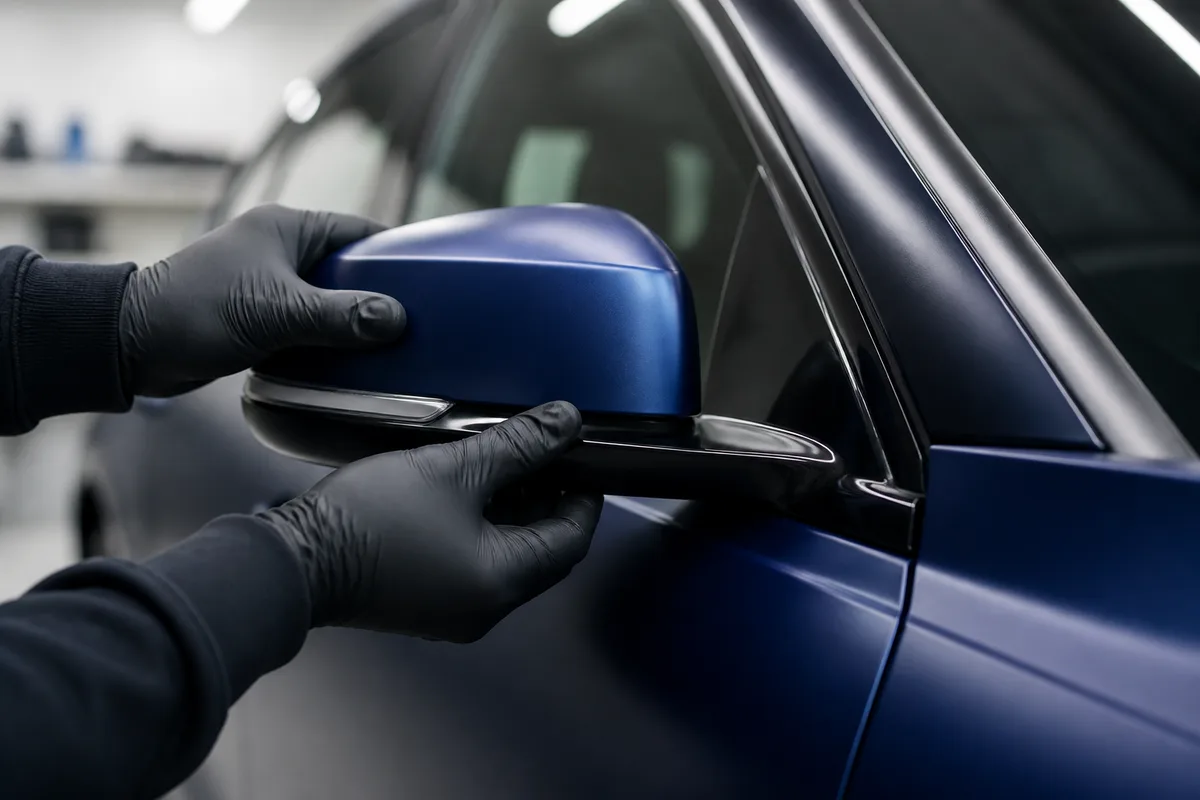 Mains gantées ajustant un rétroviseur sur une carrosserie bleu mat propre dans un hall de préparation automobile éclairé en lumière douce