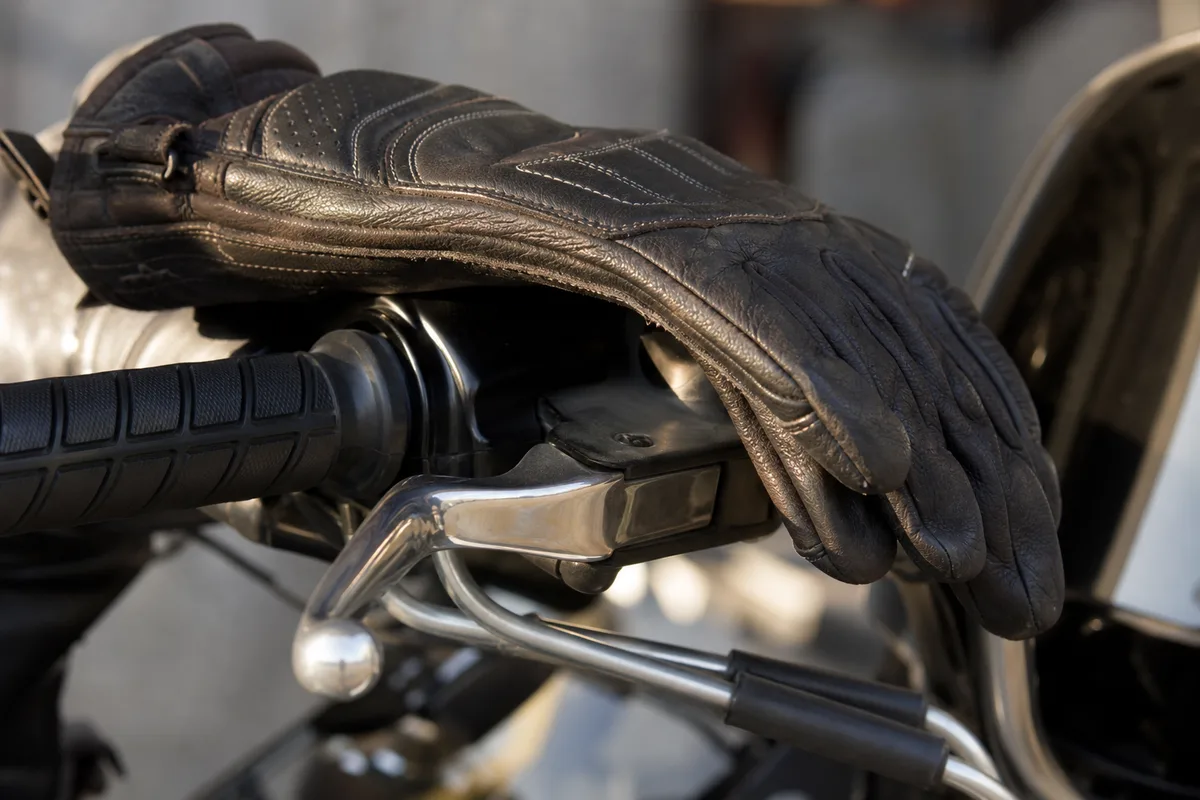 Gros plan sur la poignée d&rsquo;accélérateur d&rsquo;une moto et un gant de motard posé dessus