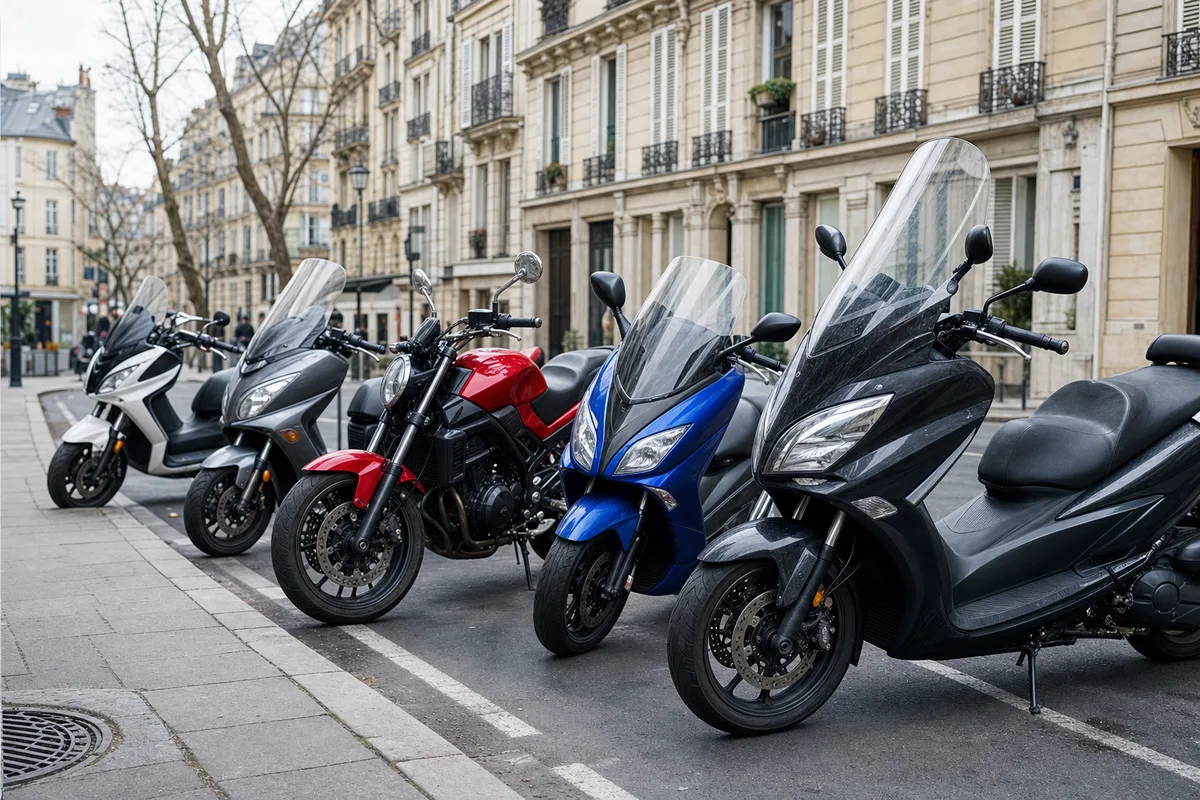Rangée de motos garées le long d&rsquo;un trottoir dans une rue française, façades floues en arrière-plan