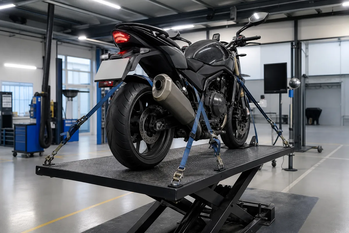 Moto de route immobilisée sur un pont élévateur dans un atelier de contrôle technique agréé