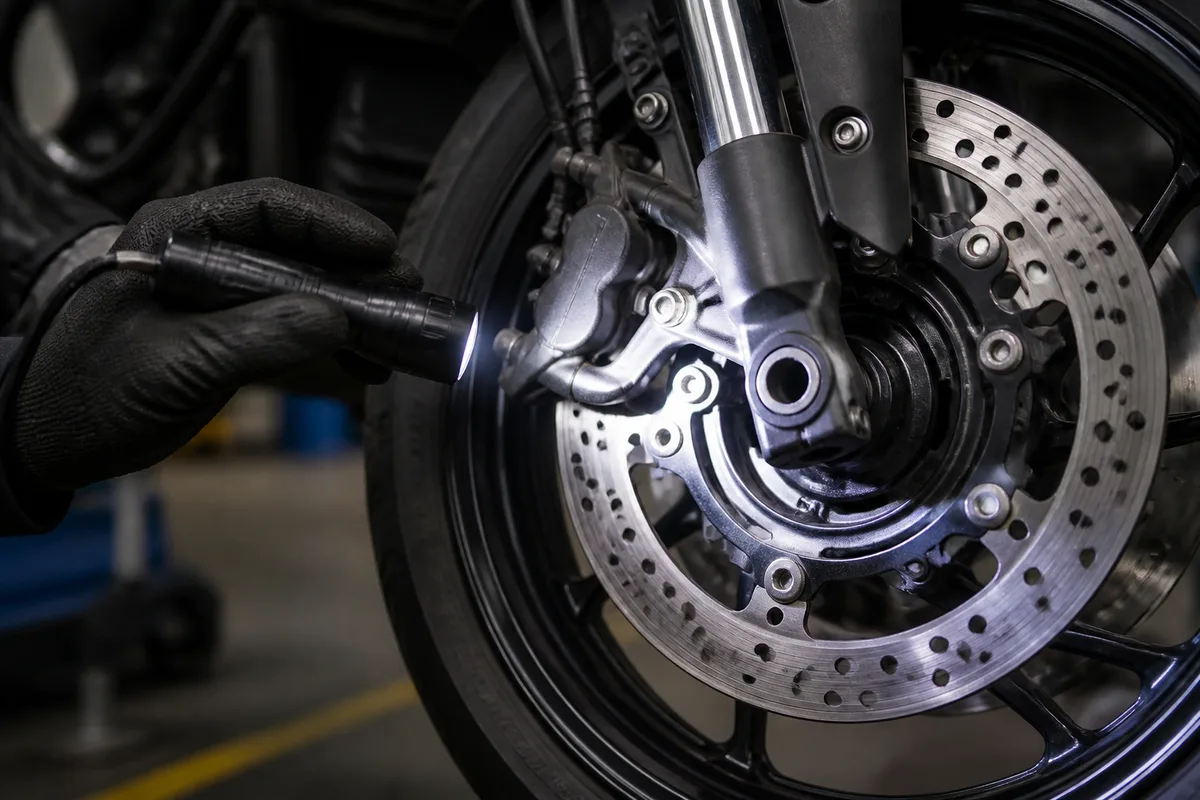 Contrôleur technique examinant les pneus et les freins d’une moto sur un banc en atelier agréé