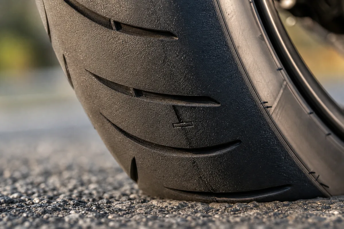 Profil de la gomme et témoin d’usure d’un pneu de moto