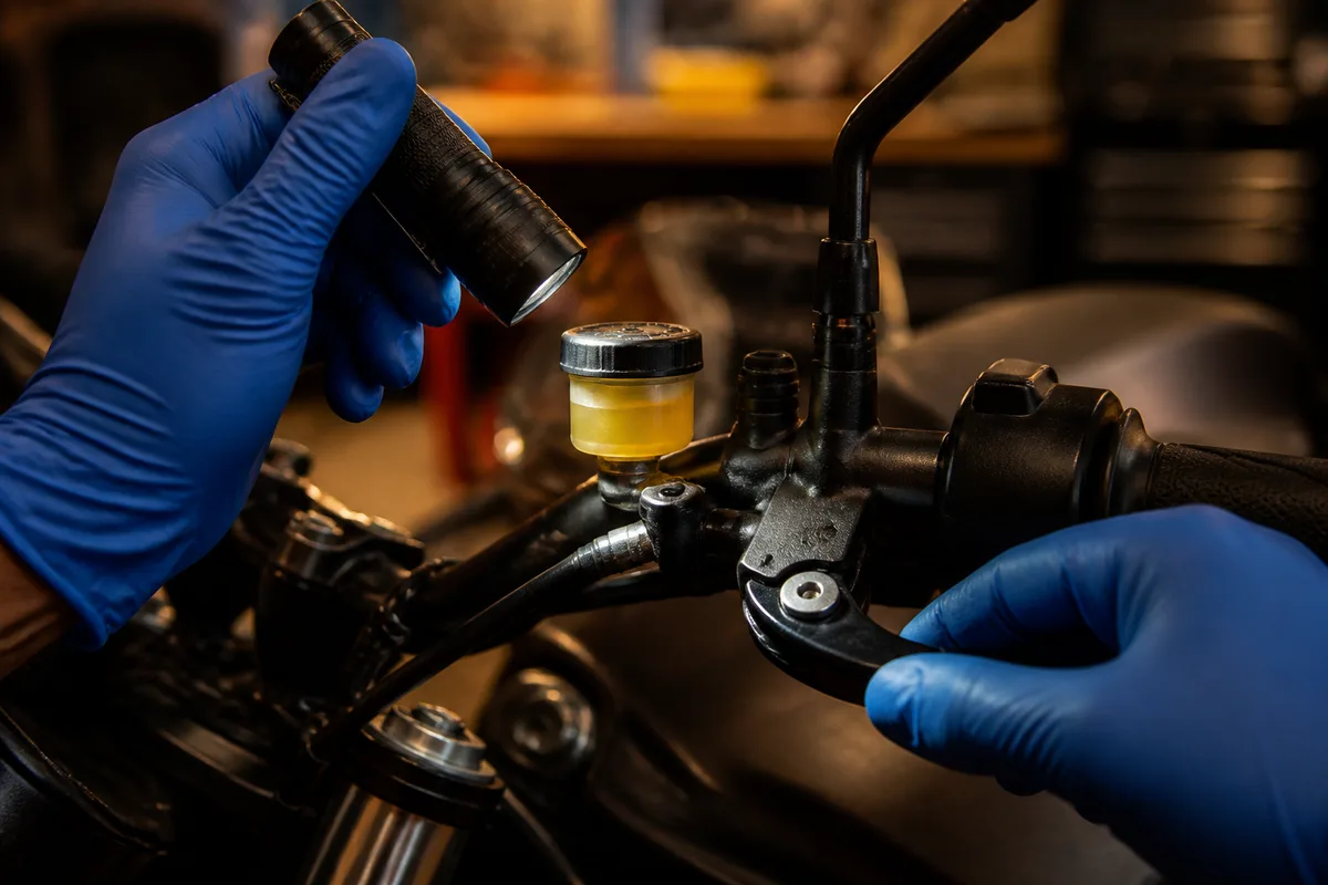 Mains gantées contrôlant le niveau de liquide de frein sur le maître-cylindre d’une moto dans un garage