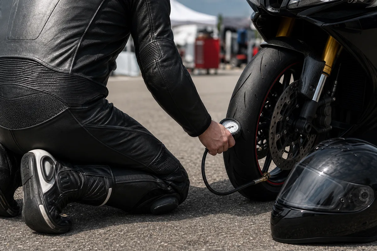 Motard en combinaison de cuir agenouillé près de sa moto pour vérifier la pression des pneus avant une session