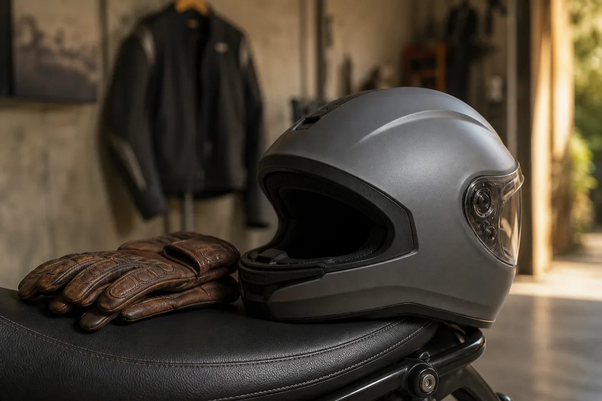 Casque intégral et gants posés sur une selle de moto dans un garage lumineux