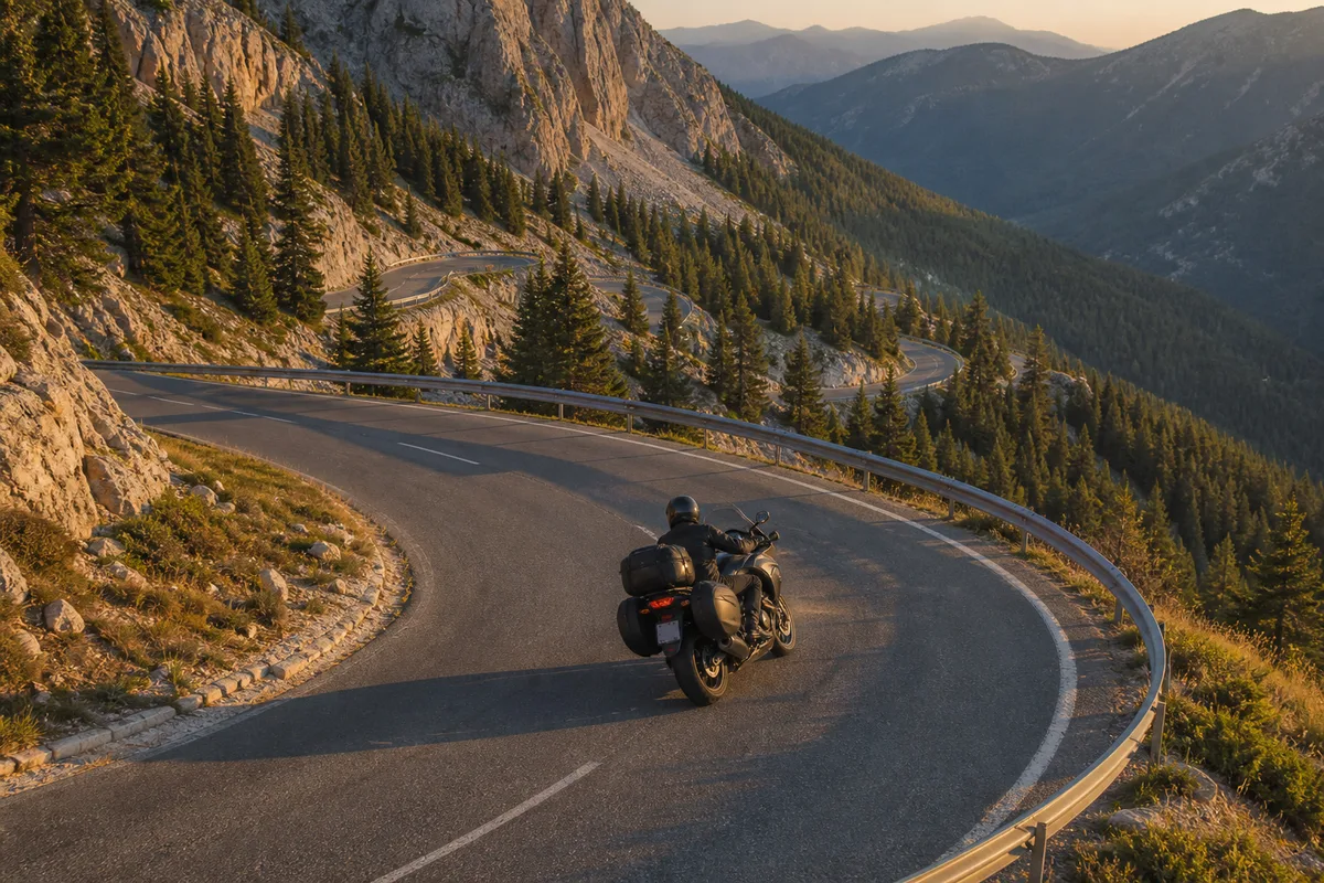 Motard de dos sur une route de montagne en lacets des Alpes françaises au coucher du soleil