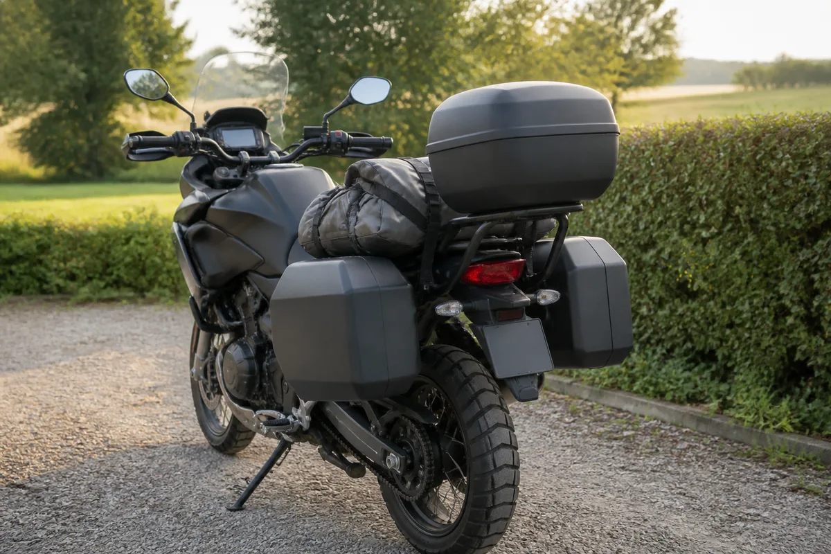 Sacoches latérales unies et sac de selle sanglés sur une moto de voyage garée sur un parking de campagne