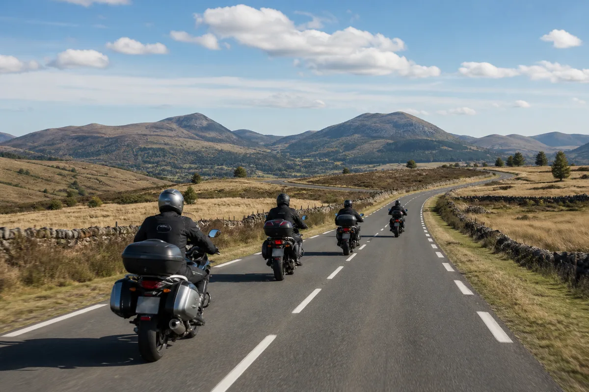 Quatre motos roulant en quinconce sur une départementale bordée de champs en Auvergne