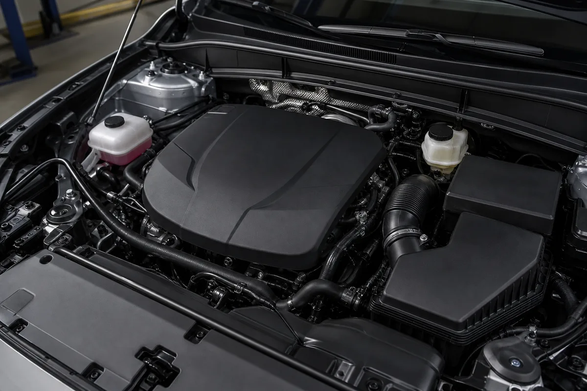 Compartiment moteur propre d’une voiture neuve sous le capot ouvert