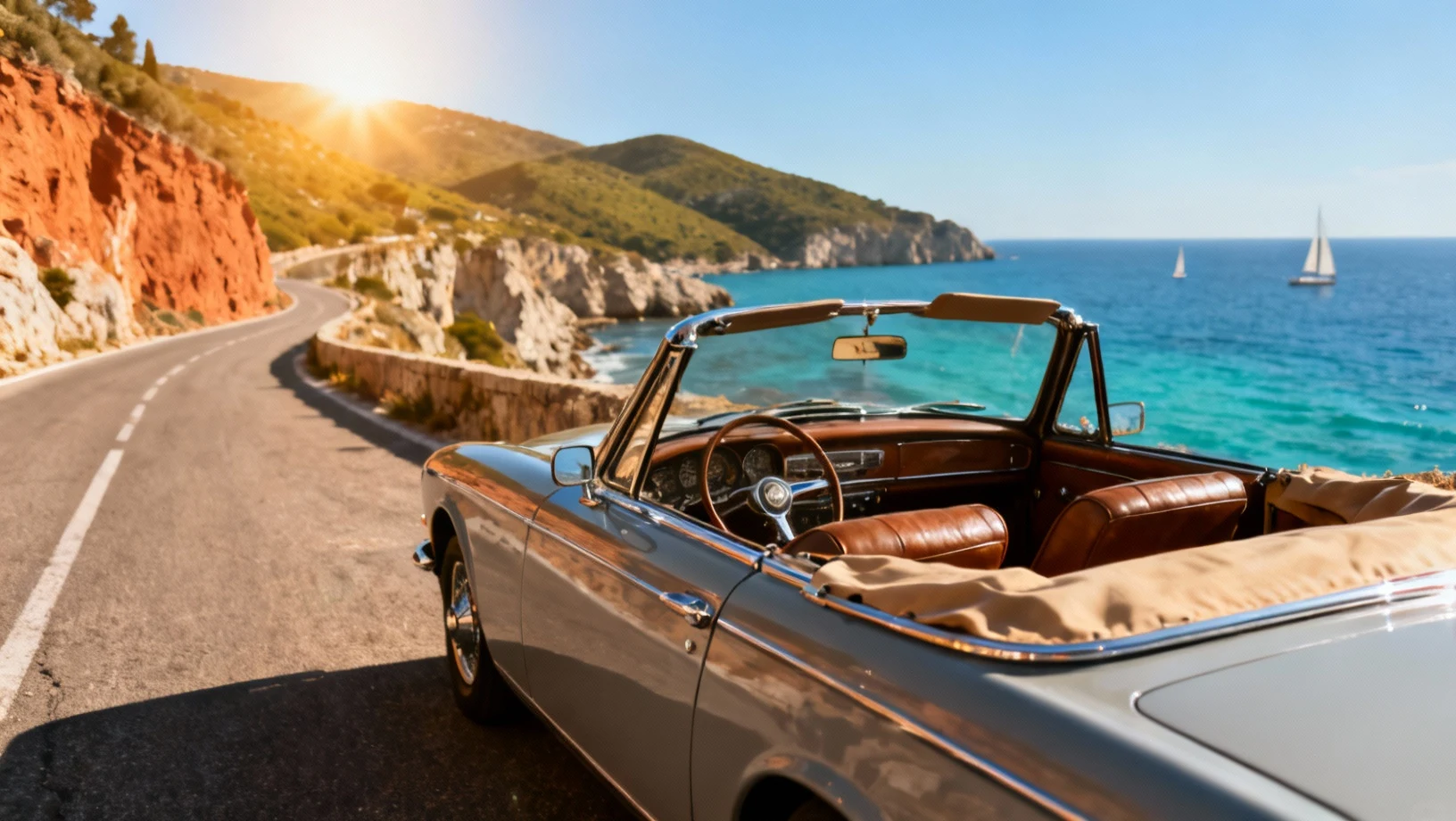 Voiture vintage sur route cotiere en Provence